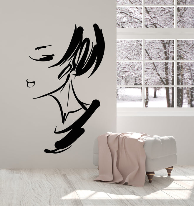 Autocollant mural en vinyle abstrait pour fille, visage de femme, coiffure (2669ig)