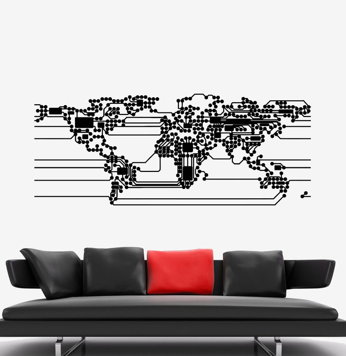 Vinyl Wall Decal Abstract World Map Earth Computer Microchip Scheme Stickers Unique Gift (1877ig)