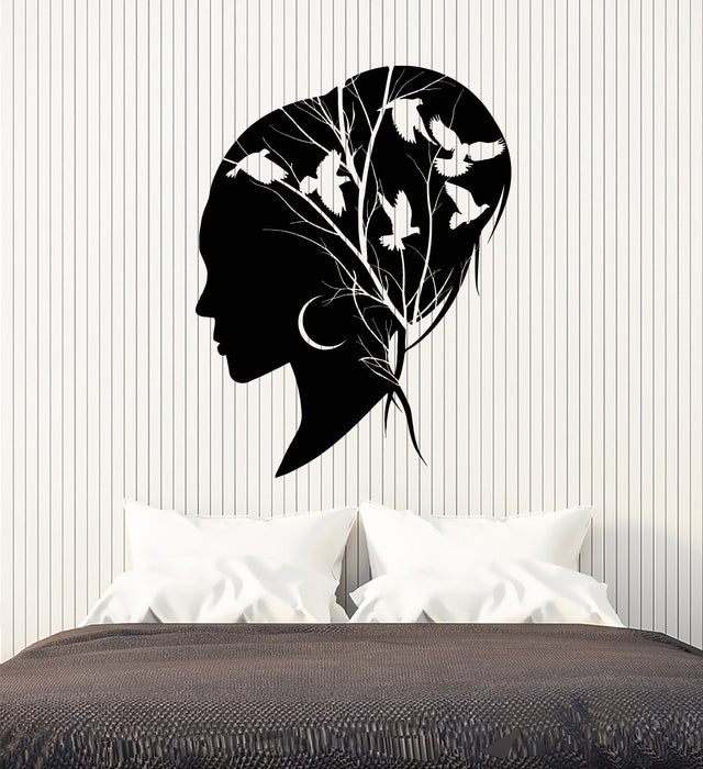 Vinyl Wall Decal Abstract Beautiful Girl Head Birds On Branch Stickers (3086ig)