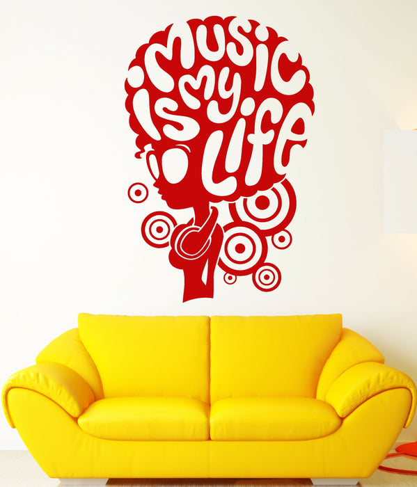 Vinyl Wall Decal Music Lover Headphones African Girl Hairstyle Words Stickers Unique Gift (2095ig)