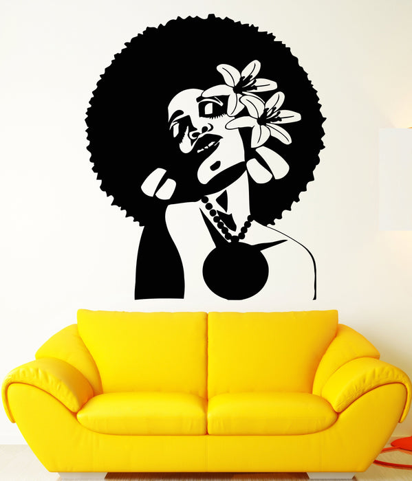 Vinyl Wall Decal African Woman Hairstyle Flowers In Hair Black Lady Stickers (2164ig)