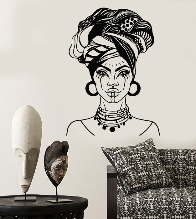 Vinyl Wall Decal African Woman Head Turban Native Fashion Face Tattoos Stickers Unique Gift (2026ig)
