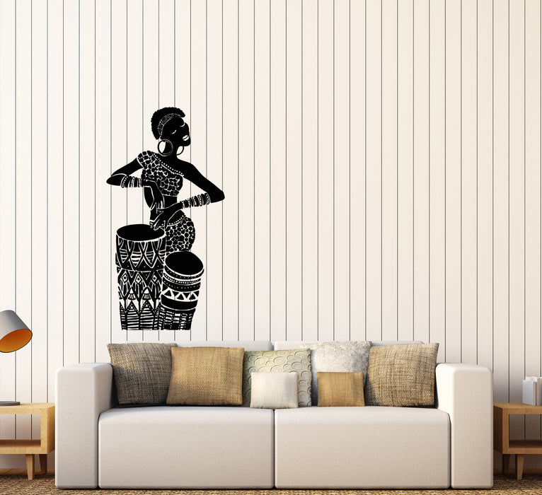 Vinyl Wall Decal Djembe African Woman Native Girl Drums Ethnic Style Stickers (4188ig)