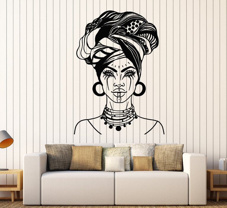 Vinyl Wall Decal African Woman Head Turban Native Fashion Face Tattoos Stickers Unique Gift (2026ig)