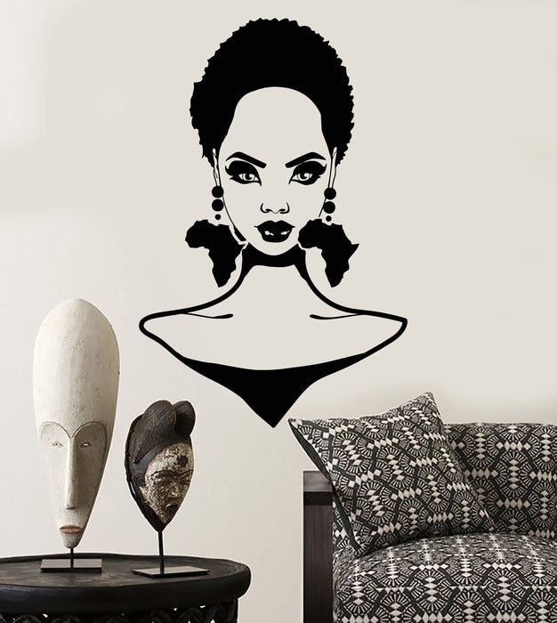 Vinyl Wall Decal African Girl Hairstyle Africa Continent Earrings Stickers Unique Gift (2094ig)