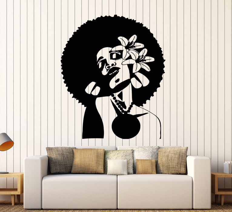 Vinyl Wall Decal African Woman Hairstyle Flowers In Hair Black Lady Stickers (2164ig)