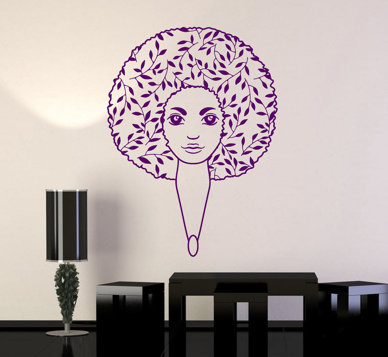 Vinyl Wall Decal Afro Hairstyle Leaves Beauty Salon Beautiful Woman Stickers Mural Unique Gift (ig5000)