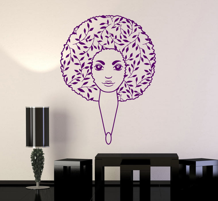 Autocollant mural en vinyle pour coiffure afro, feuilles, salon de beauté, belle femme, cadeau unique (ig5000)