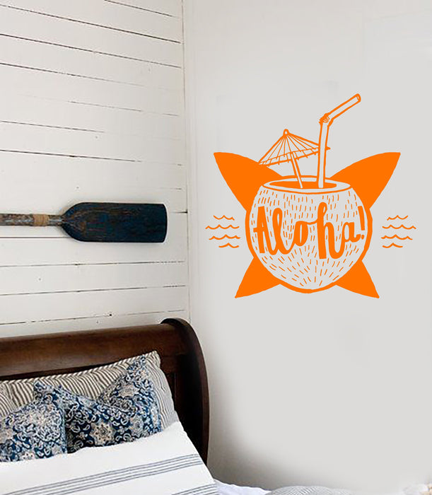 Vinyl Wall Decal Aloha Coconut Cocktail Surfing Beach Style Stickers Unique Gift (1472ig)