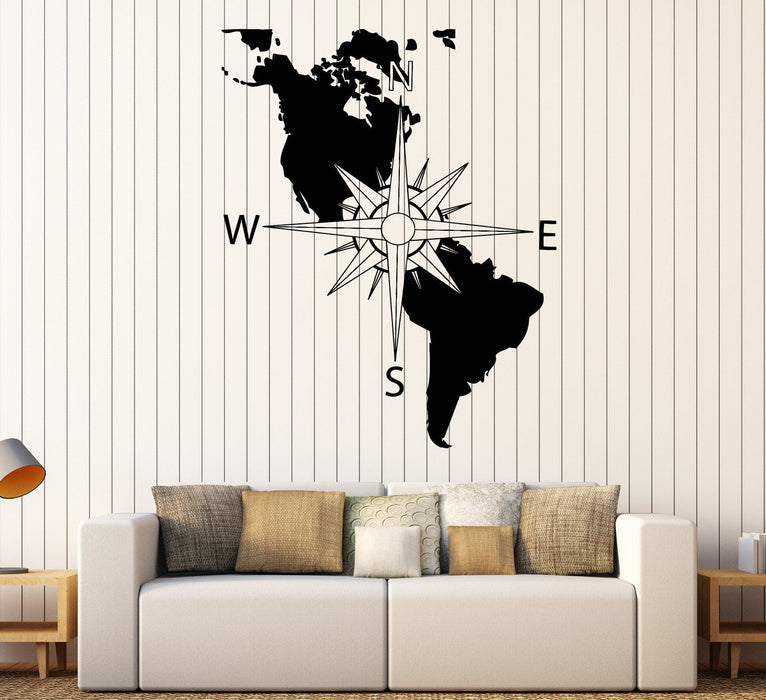 Vinyl Wall Decal Navigation Compass America Continent Map Stickers Unique Gift (1894ig)