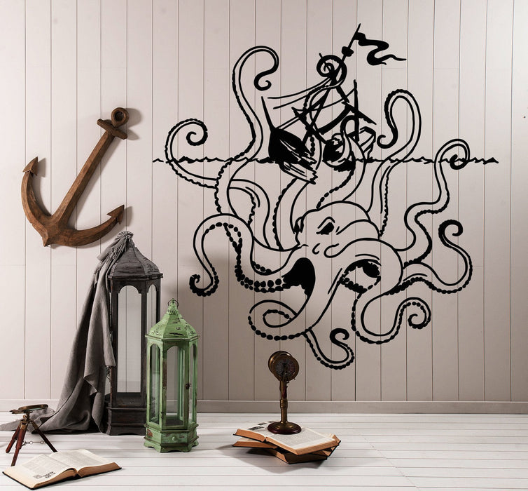 Vinyl Wall Decal Angry Octopus Ship Sea Monster Ocean Style Stickers Unique Gift (1362ig)