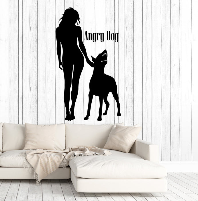 Vinyl Wall Decal Girl With Angry Dog Pet Dobermann Home Interior Stickers (2881ig)