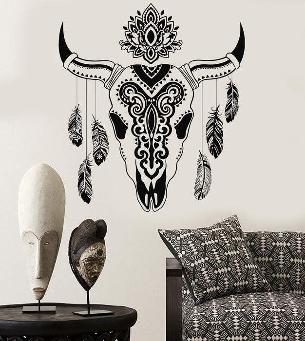 Vinyl Wall Decal Animal Skull Bull Feathers Ethnic Decor Stickers Unique Gift (715ig)