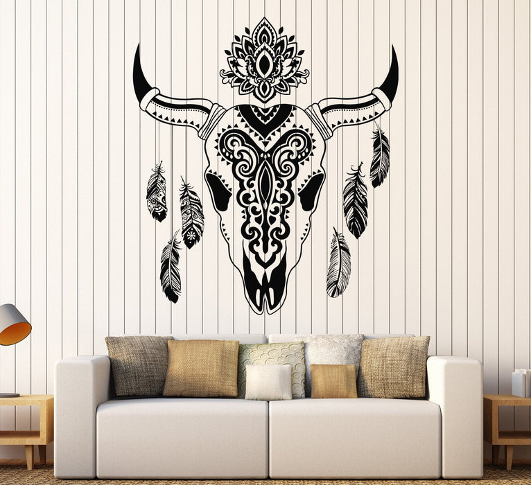 Vinyl Wall Decal Animal Skull Bull Feathers Ethnic Decor Stickers Unique Gift (715ig)