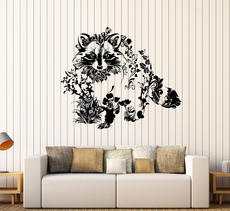 Vinyl Wall Decal Art Abstract Raccoon Animal Flowers Nature Stickers Unique Gift (1414ig)