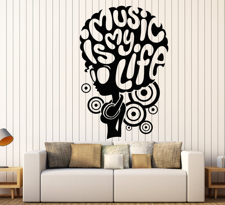 Vinyl Wall Decal Music Lover Headphones African Girl Hairstyle Words Stickers Unique Gift (2095ig)