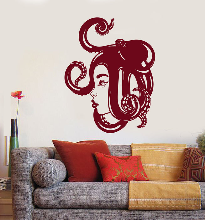 Vinyl Wall Decal Asian Girl Face Sea Octopus On The Head Stickers (2867ig)