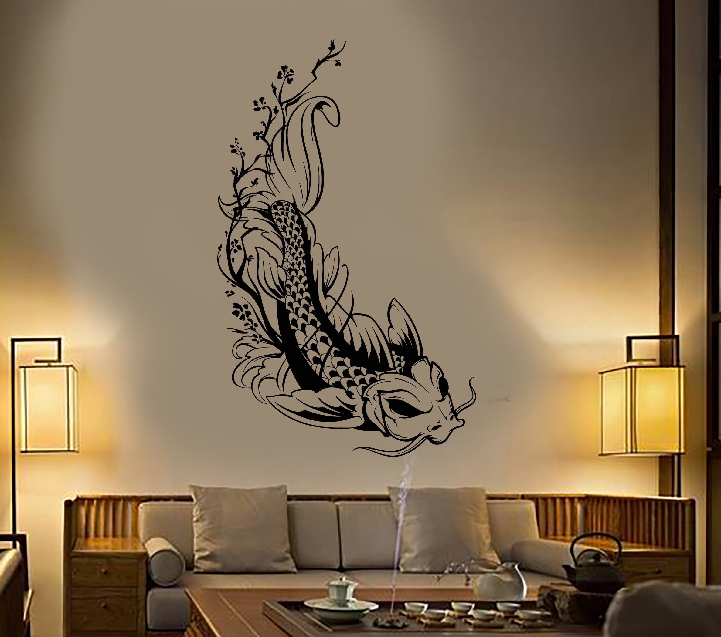 Vinyl Wall Decal Asian Style Japanese Koi Carp Fish Sakura Tree Sticke ...