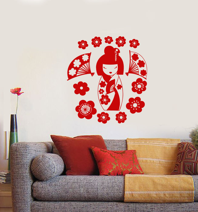 Autocollant mural en vinyle représentant une poupée geisha japonaise avec un éventail, style asiatique (3696ig)