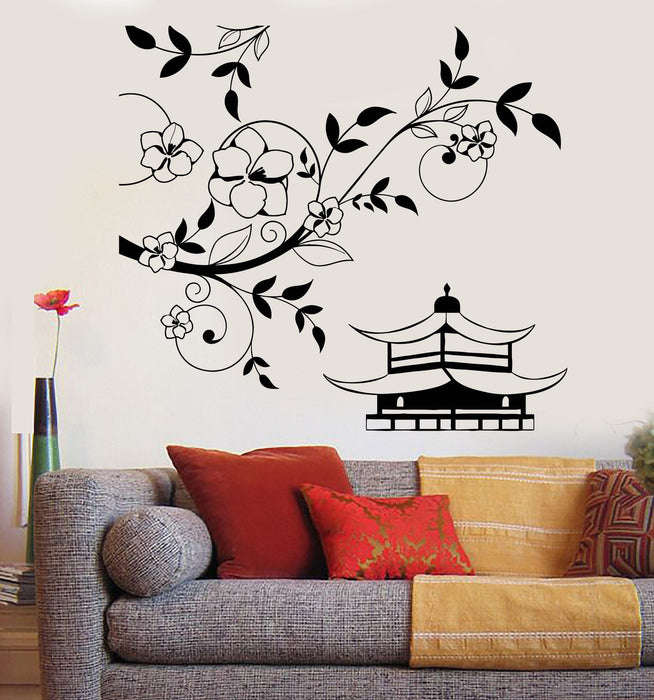 Vinyl Wall Decal Pagoda Sakura Tree Branch China Asian Style Stickers Unique Gift (1214ig)