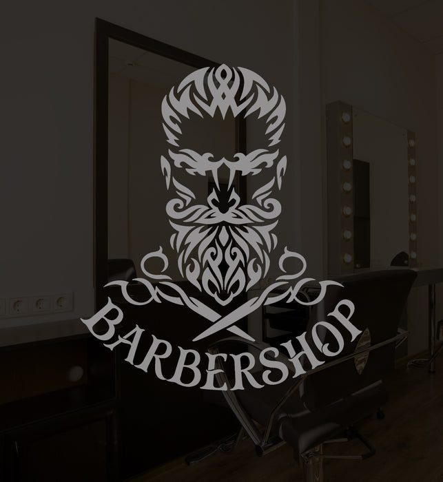 Виниловая наклейка на стену с логотипом парикмахерской, ножницами, хипстерскими наклейками на бороду (3587ig)