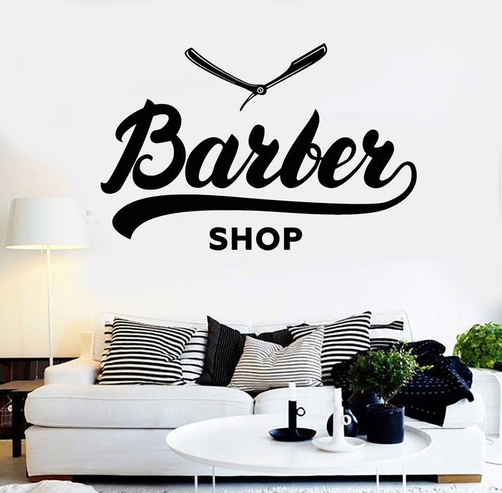 Autocollant mural en vinyle Barbershop Word Salon de coiffure Rasoir droit Autocollants Cadeau unique (ig4196)