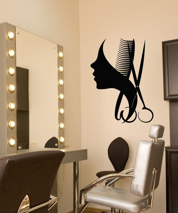 Виниловая наклейка на стену Салон красоты Парикмахерская Логотип Парикмахерская Ножницы Расческа Наклейки (3117ig) 