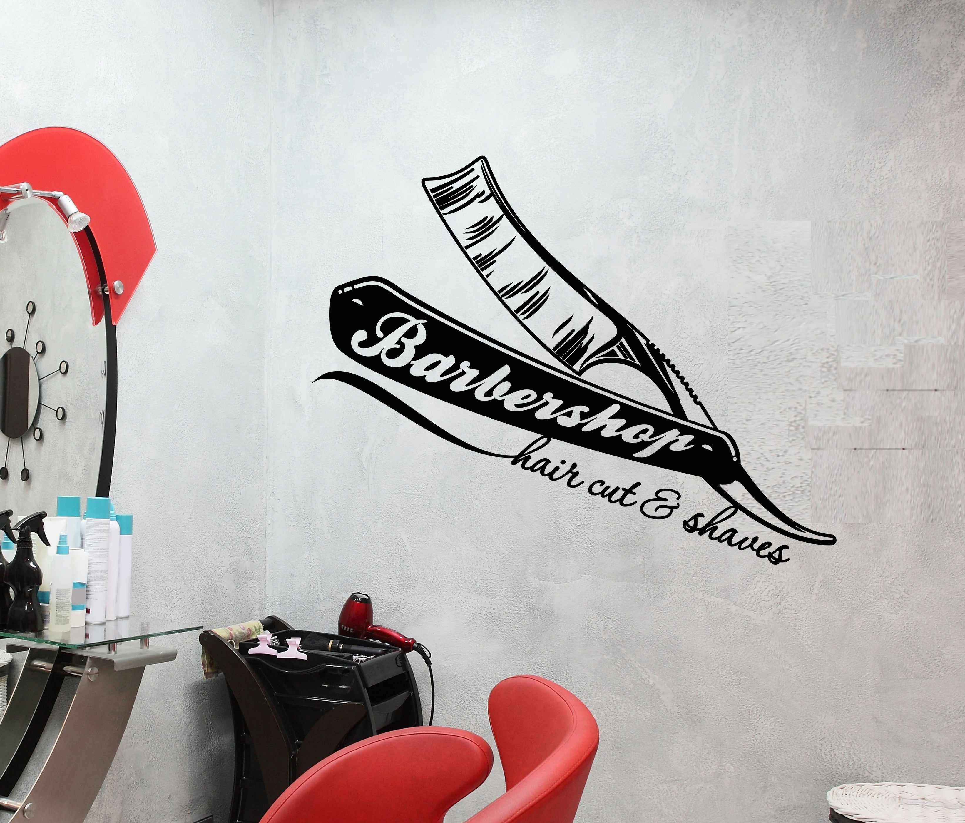 Barber Razor Sticker Vinyl Wall Decal Barbershop Logo Straight Razors For Hairdresser Stick ...