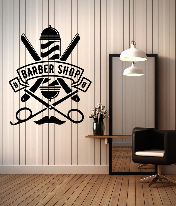 Vinyl Wall Decal Barbershop Beauty Salon Logo Straight Razor Stickers (3277ig)