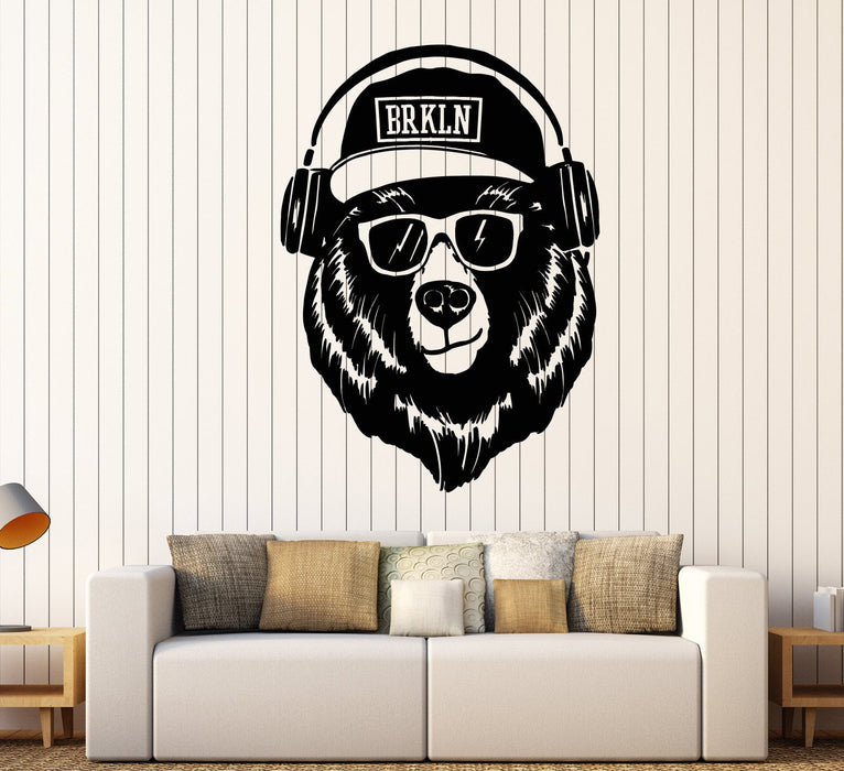 Vinyl Wall Decal Bear Head In Sunshades Baseball Cap Music Headphones Stickers (2157ig)