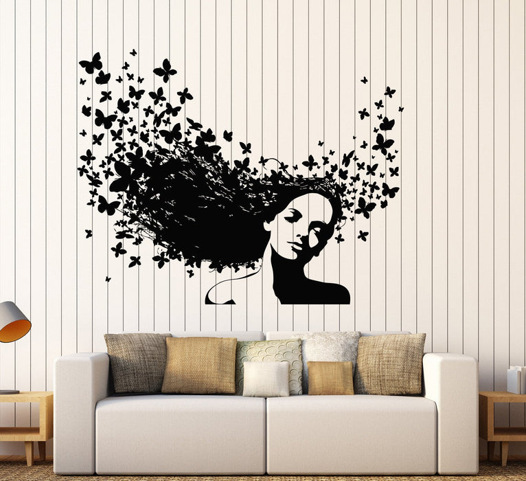 Vinyl Wall Decal Beauty Salon Woman Hair Butterfly Girl Room Stickers Unique Gift (054ig)