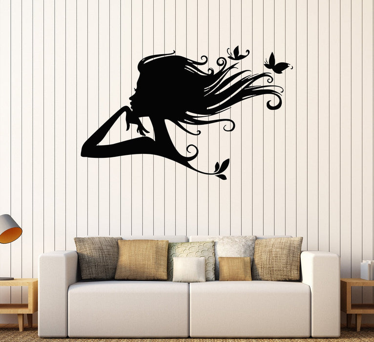 Vinyl Wall Decal Pretty Butterfly Woman Beauty Salon Hair Style Stickers Unique Gift (104ig)