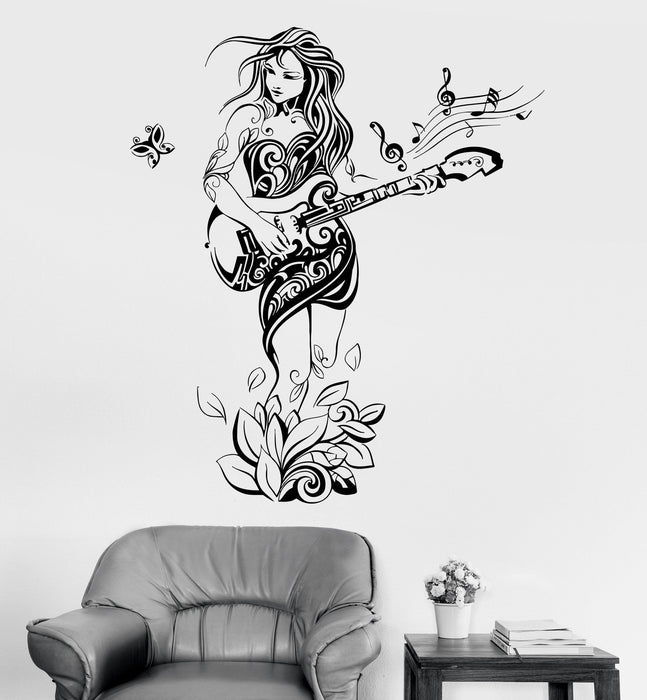 Vinyl Wall Decal Sexy Girl Musician Guitar Guitarist Hippie Nature Stickers Unique Gift (852ig)