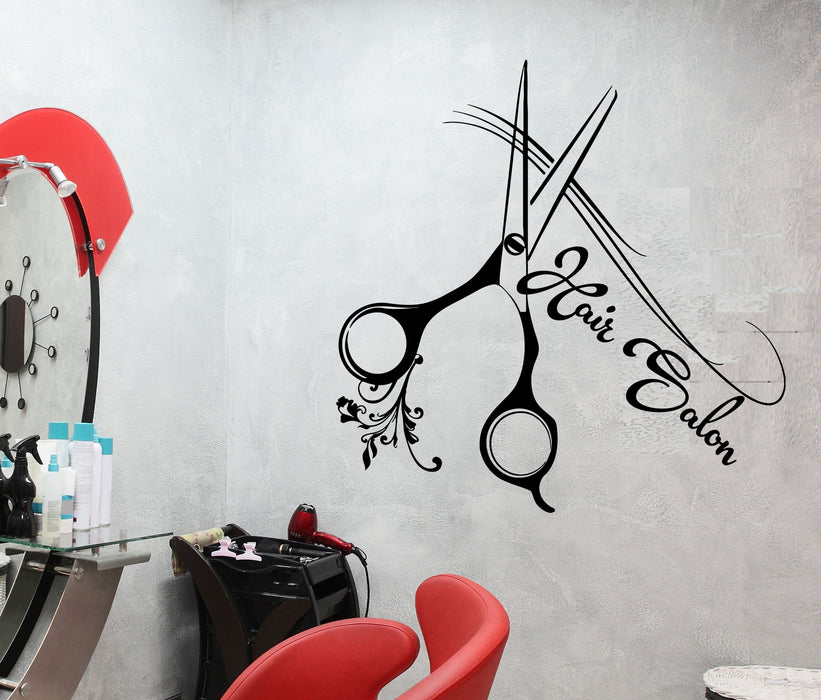 Autocollant mural en vinyle pour coupe de cheveux, ciseaux, salon de beauté, panneau d'affichage, cadeau unique (2039ig)