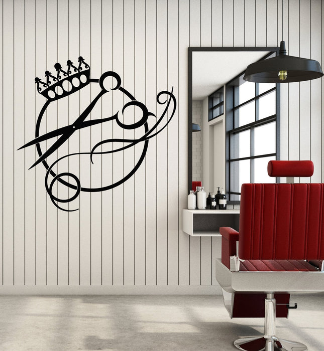 Vinyl Wall Decal Crown Scissors Logo Haircut Hair Salon Barbershop Stickers (2459ig)