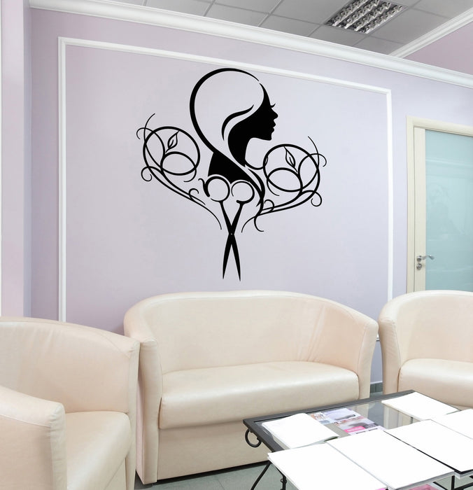 Autocollant mural en vinyle avec logo, panneau de signalisation, salon de coiffure, ciseaux, autocollants de salon de coiffure (2632ig)