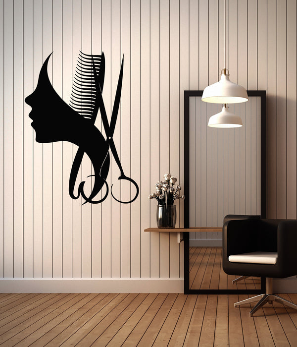 Виниловая наклейка на стену Салон красоты Парикмахерская Логотип Парикмахерская Ножницы Расческа Наклейки (3117ig) 