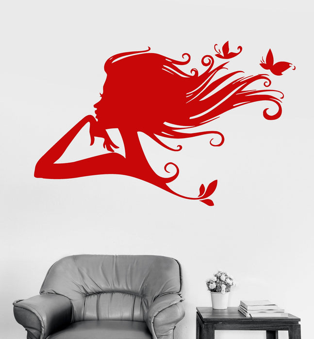 Vinyl Wall Decal Pretty Butterfly Woman Beauty Salon Hair Style Stickers Unique Gift (104ig)