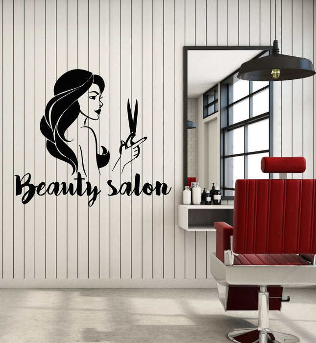 Vinyl Wall Decal Beauty Salon Signboard Logo Hairdresser Girl With Scissors Stickers (3125ig)