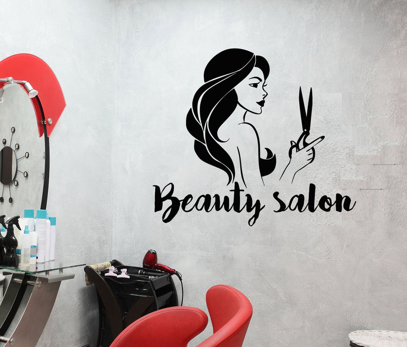 Vinyl Wall Decal Beauty Salon Signboard Logo Hairdresser Girl With Scissors Stickers (3125ig)