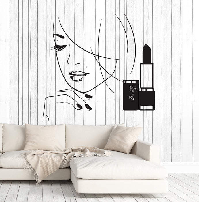 Виниловая наклейка на стену Салон красоты Красивая женщина Помада Наклейки Фрески Уникальный подарок (ig4730)