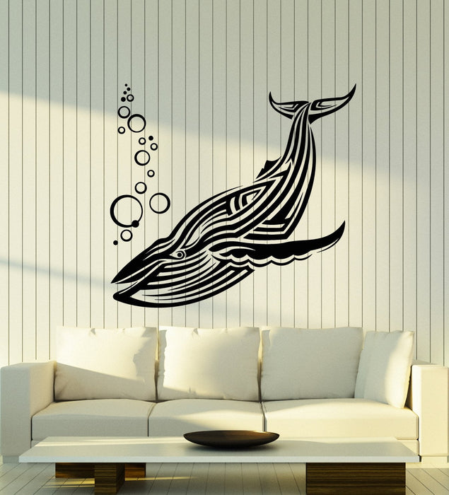 Vinyl Wall Decal Big Blue Whale Sea Animal Water Bubbles Stickers (2959ig)