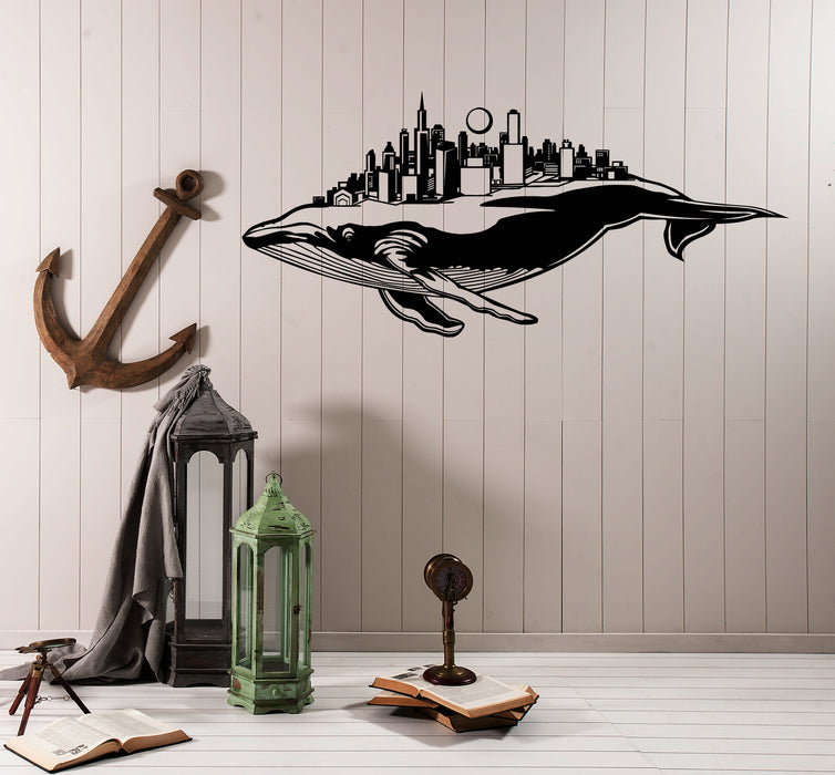 Vinyl Wall Decal Blue Whale Sea Ocean Animal City Landscape Stickers (4241ig)