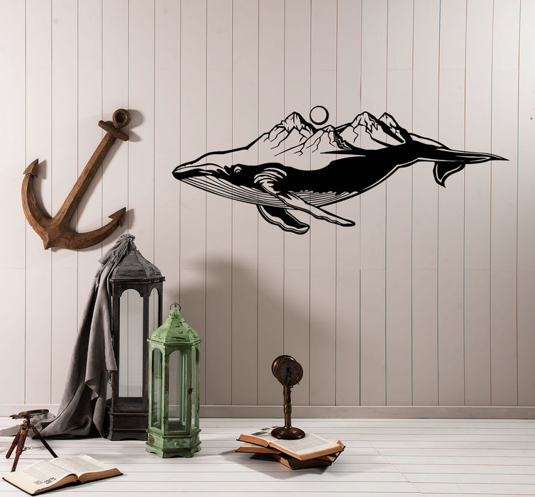 Vinyl Wall Decal Blue Whale Sea Animal Mountains Landscape Marine Style Stickers (4240ig)