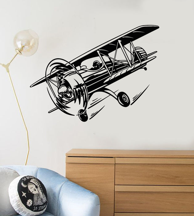 Vinyl Wall Decal Biplane Retro Plane Aircraft Boy Room Stickers Mural Unique Gift (ig4939)