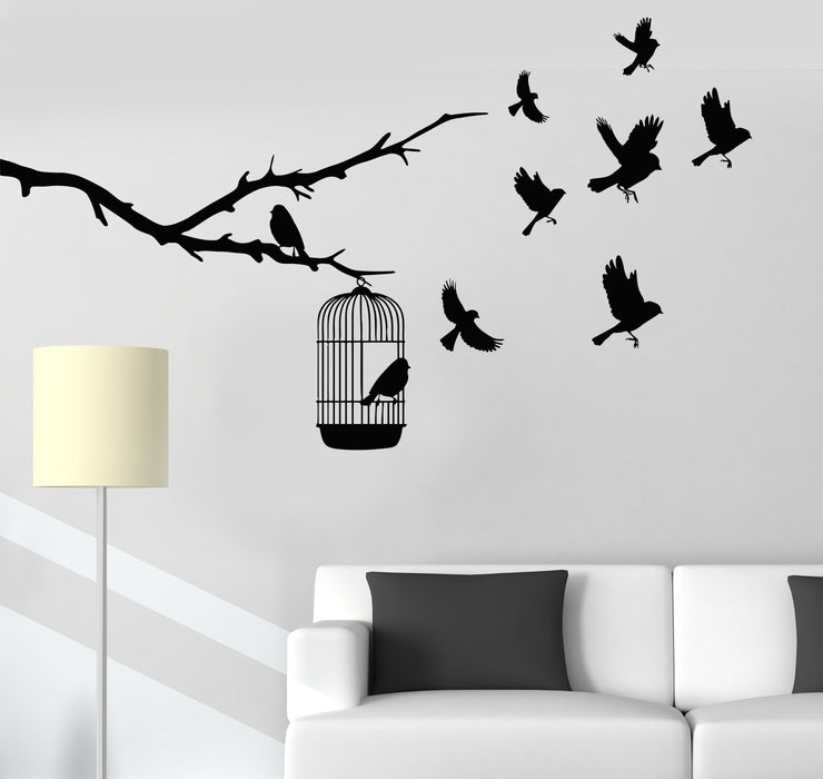 Vinyl Wall Decal Tree Branch Cage Birds Nature Stickers Unique Gift (762ig)