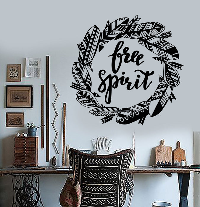 Vinyl Wall Decal Free Spirit Bird Feathers Wreath Inspiring Words Stickers (2127ig)