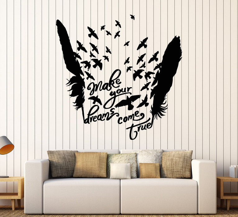 Autocollant mural en vinyle avec plumes d'oiseaux, mots de motivation, autocollants de rêve, cadeau unique (1009ig)