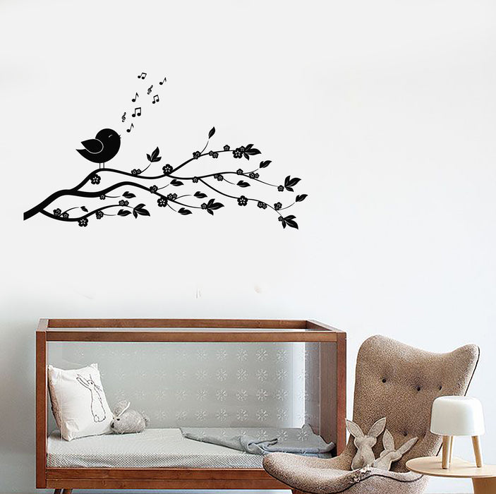 Vinyl Wall Decal Cartoon Tree Branch With Flowers Songbird Stickers (3795ig)