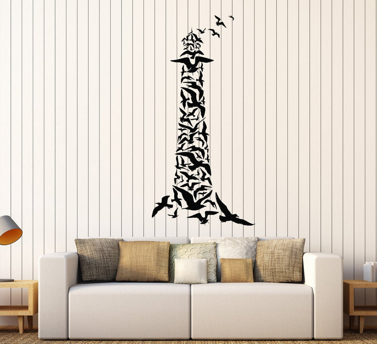 Vinyl Wall Decal Lighthouse Marine Style Flock Sea Ocean Birds Stickers Unique Gift (820ig)